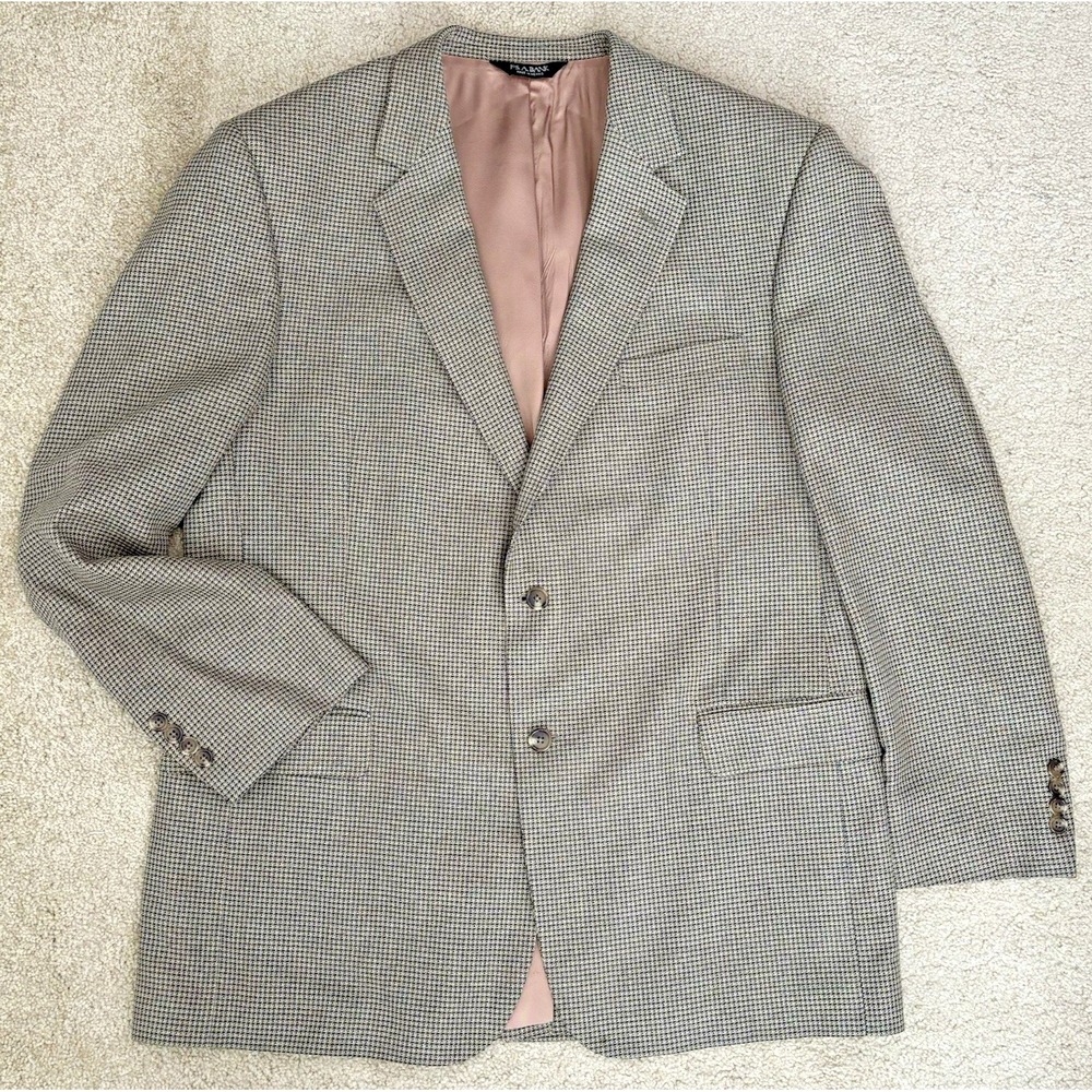 Jos‎ A Bank Wool/Silk Mens Sz 46L Blazer Beige Houndstooth Twill Textured Gordon